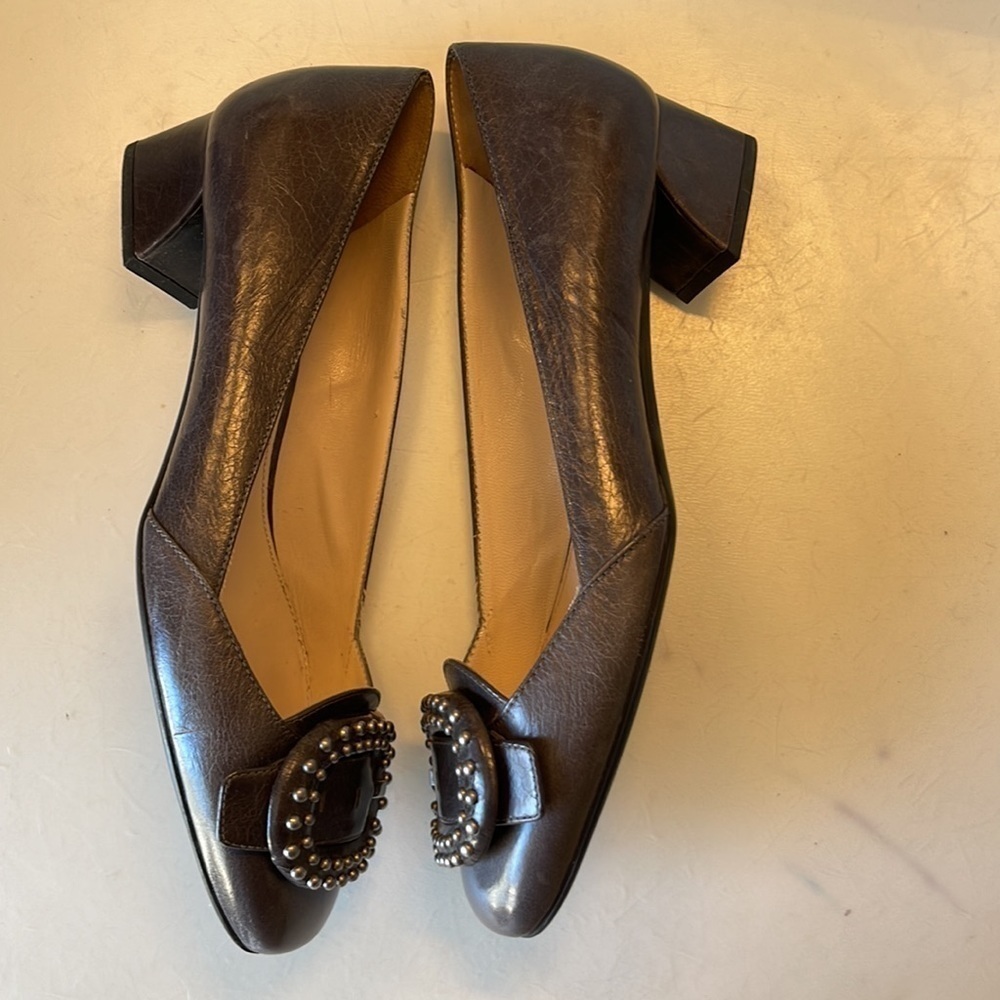 Prada Grey Kitten Block Heel.Buckled Front Round Studding Pumps 37.5. A1544 - Picture 5 of 10